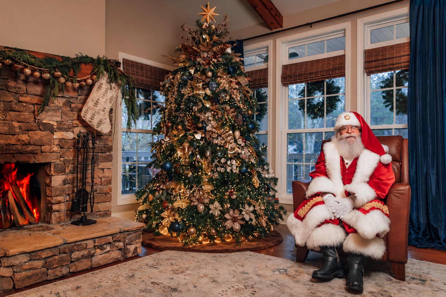 Santa beside a decorated Christmas tree and glowing stone fireplace
